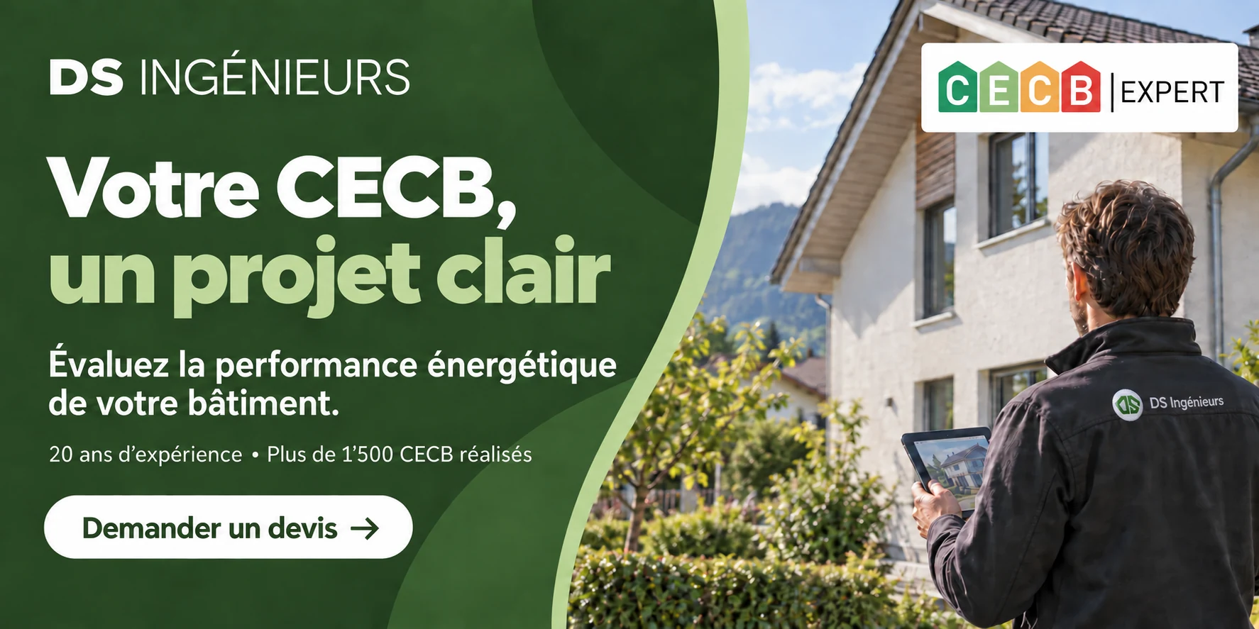 Votre CECB, un projet clair. Évaluez la performance énergétique de votre bâtiment avec DS Ingénieurs : 20 ans d’expérience et plus de 1’500 CECB réalisés. Demander un devis.