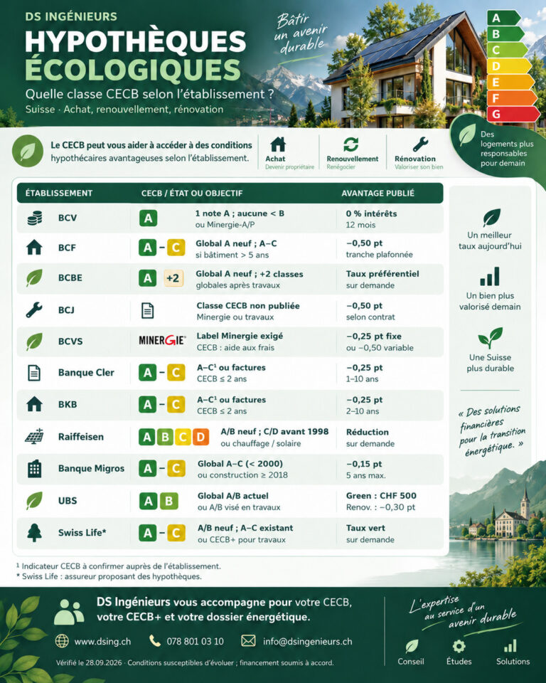 Infographie DS Ingénieurs sur les hypothèques écologiques en Suisse : tableau comparant les classes CECB et les avantages annoncés par plusieurs établissements pour l’achat, la construction ou la rénovation.