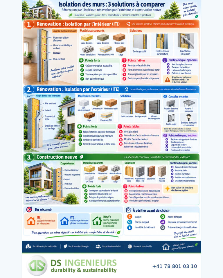 Infographie comparant l’isolation des murs par l’intérieur et par l’extérieur en rénovation, ainsi que les solutions pour une construction neuve ; matériaux, avantages, limites et jonctions à traiter.