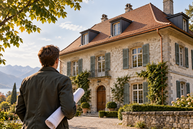Illustration d’une visite énergétique devant une ancienne maison de maître.