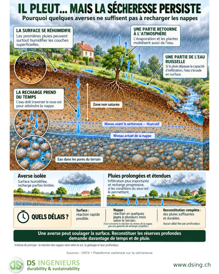 Coupe illustrée d’un terrain montrant une averse, le ruissellement, l’évapotranspiration, l’infiltration et l’eau dans les pores du sous-sol. Comparaison entre averse isolée et pluies prolongées, avec des délais de réaction variables des nappes. Signature DS Ingénieurs et www.dsing.ch.