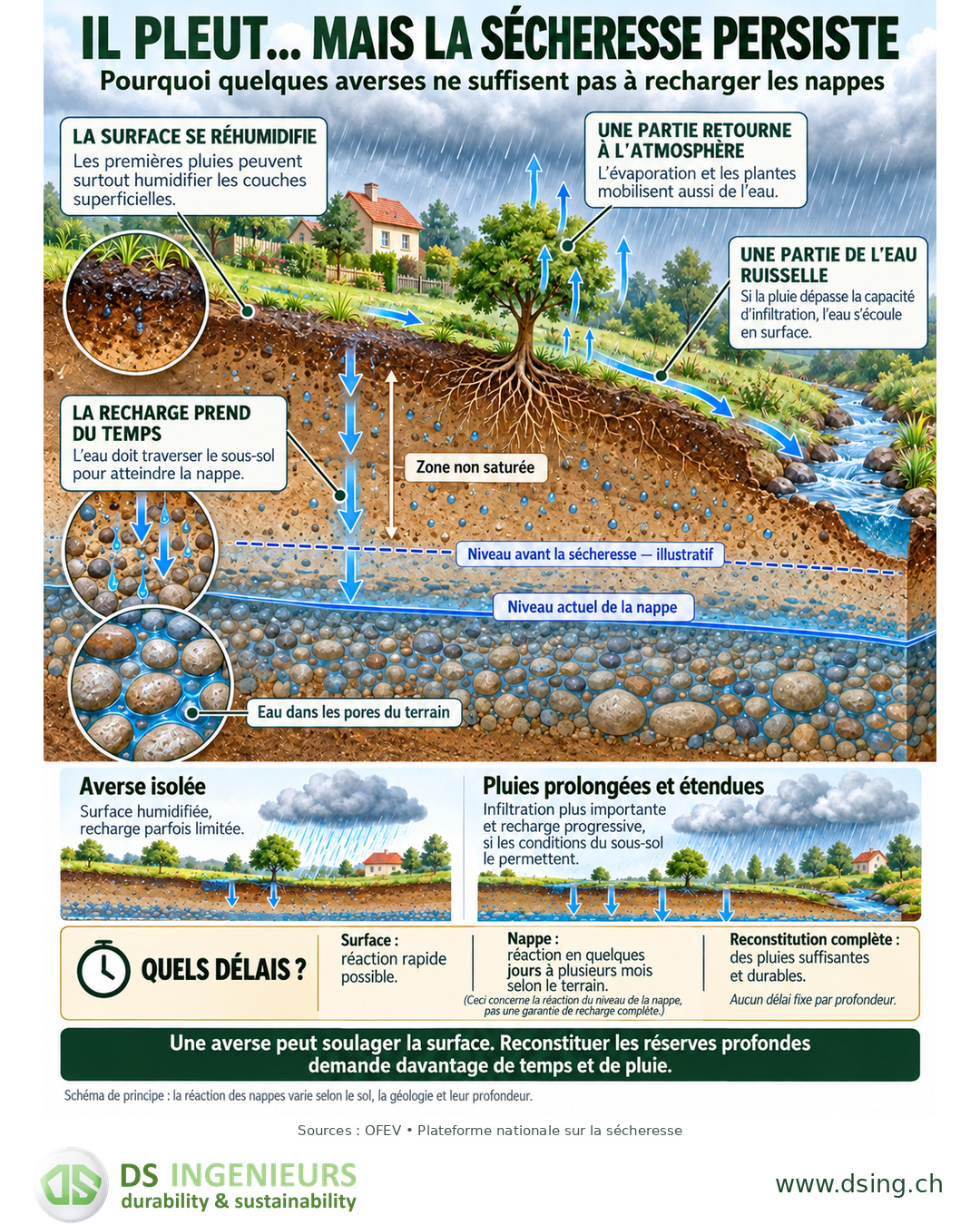 Coupe illustrée d’un terrain montrant une averse, le ruissellement, l’évapotranspiration, l’infiltration et l’eau dans les pores du sous-sol. Comparaison entre averse isolée et pluies prolongées, avec des délais de réaction variables des nappes. Signature DS Ingénieurs et www.dsing.ch.
