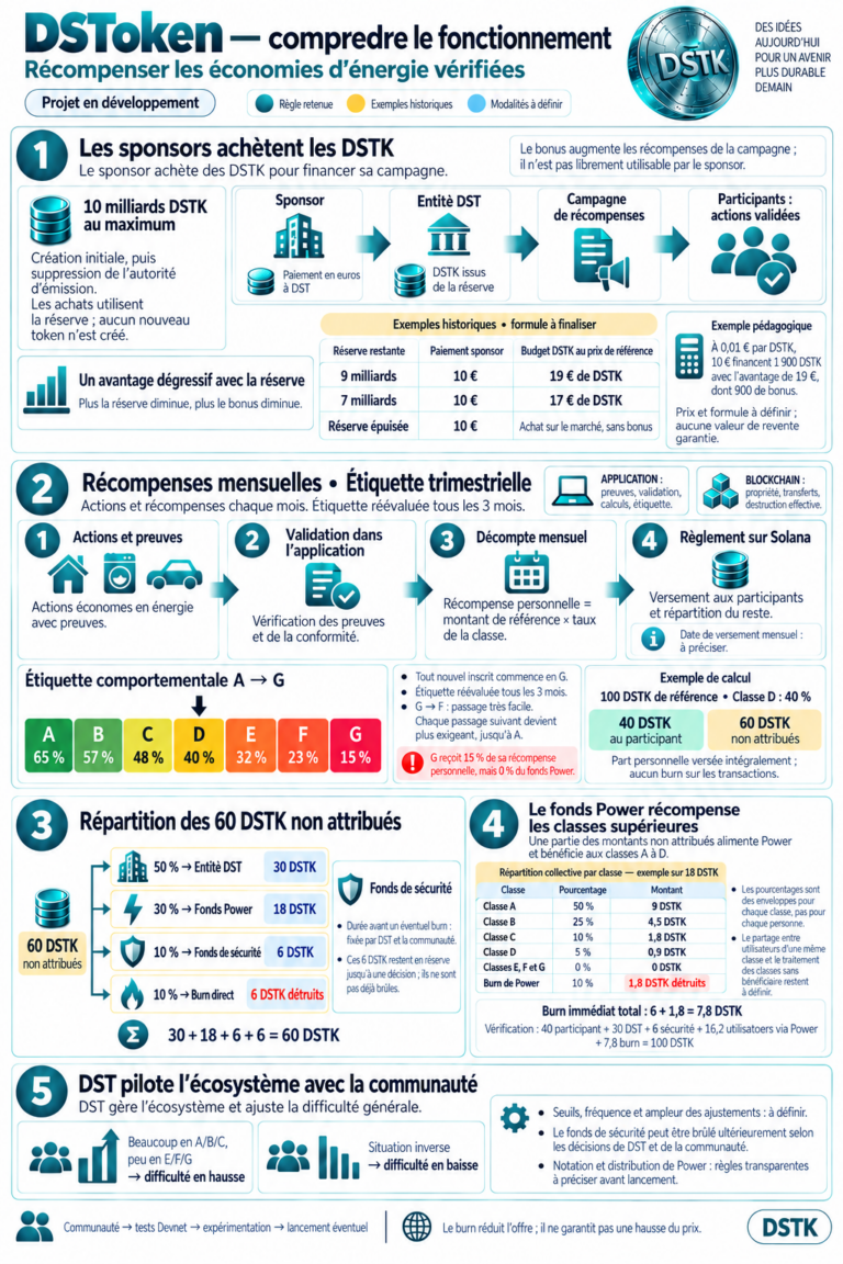 Infographie officielle du projet DSTK : financement par les sponsors, actions vérifiées, étiquette comportementale A à G, récompenses prévues et répartition entre DST, Power, sécurité et destruction de tokens.